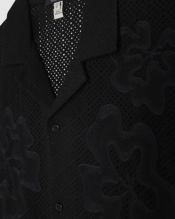Black Regular Fit Cotton Crochet Floral Shirt