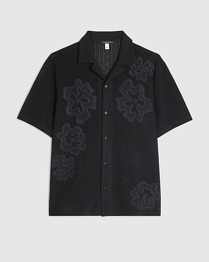 Black Regular Fit Cotton Crochet Floral Shirt