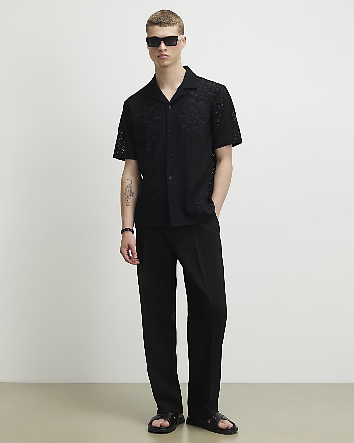 Black Regular Fit Cotton Crochet Floral Shirt