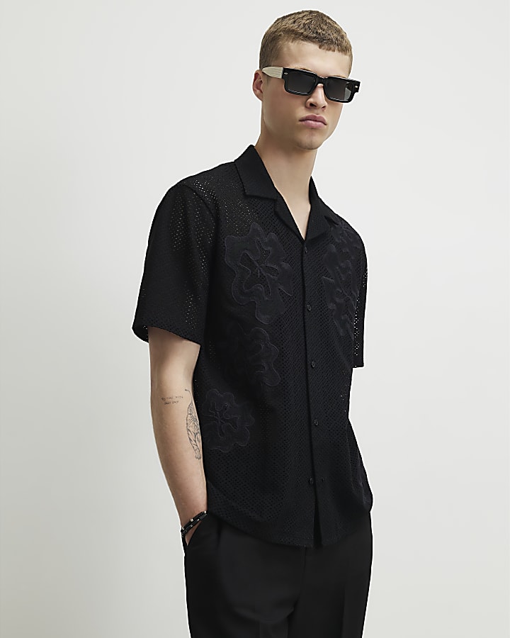 Black Regular Fit Cotton Crochet Floral Shirt