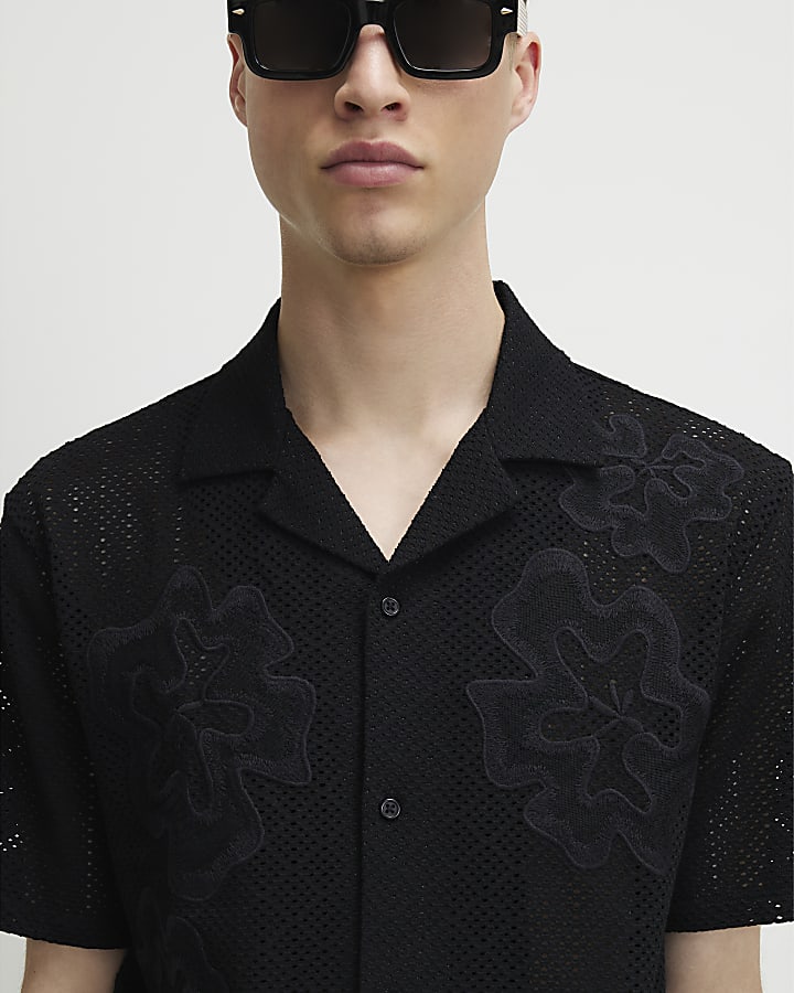 Black Regular Fit Cotton Crochet Floral Shirt