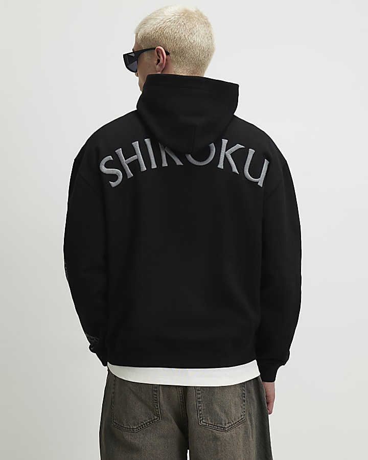 Black Oversized Fit Embroidered Dragon Hoodie