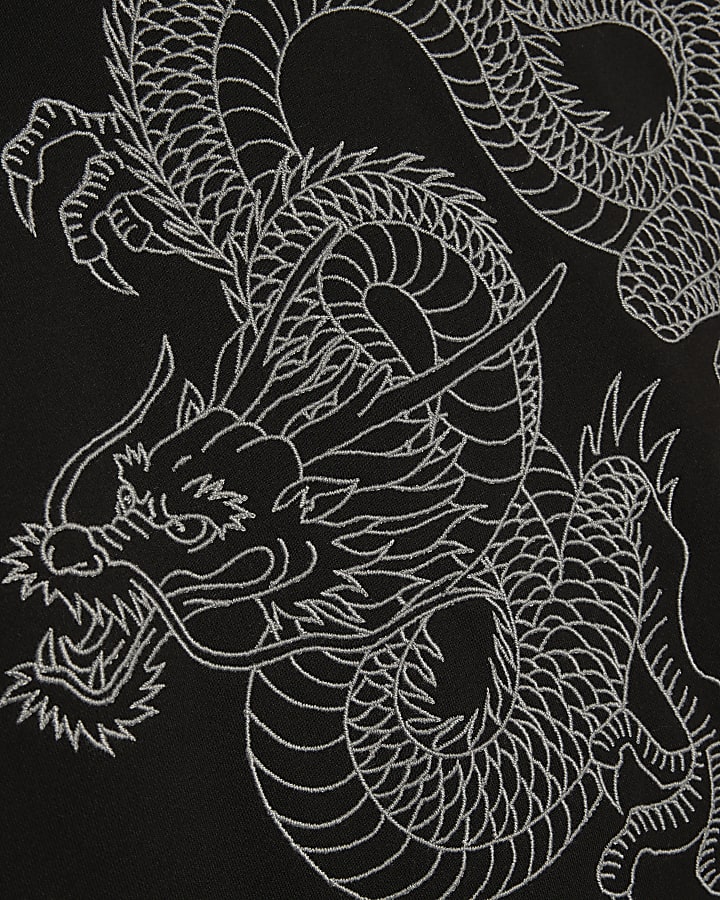 Black Oversized Fit Embroidered Dragon Hoodie