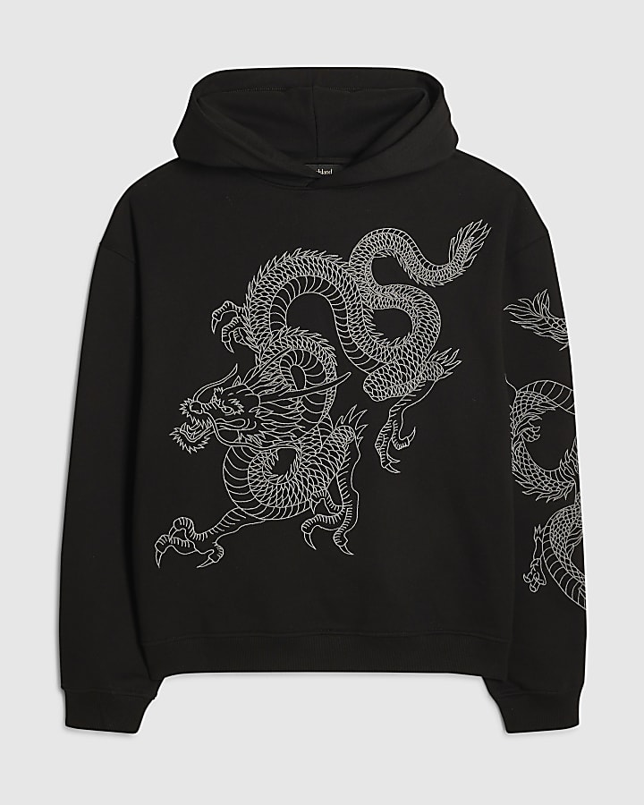 Black Oversized Fit Embroidered Dragon Hoodie