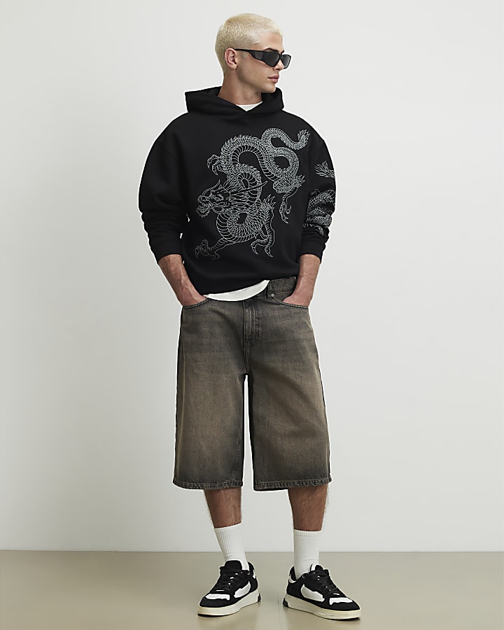 Black Oversized Fit Embroidered Dragon Hoodie