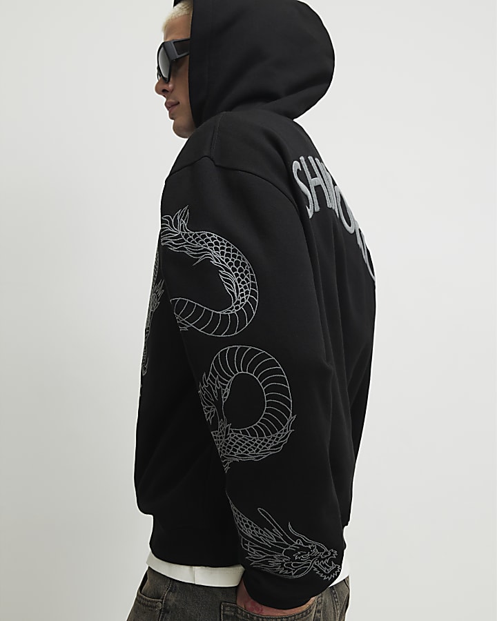 Black Oversized Fit Embroidered Dragon Hoodie