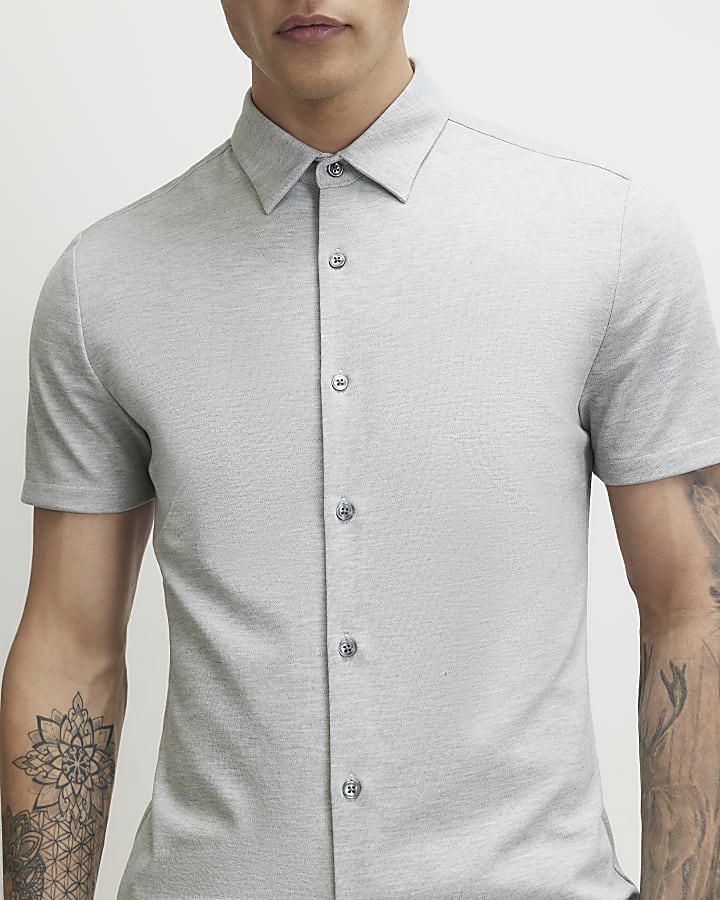 Grey Muscle Fit Pique Short Sleeve Shirt
