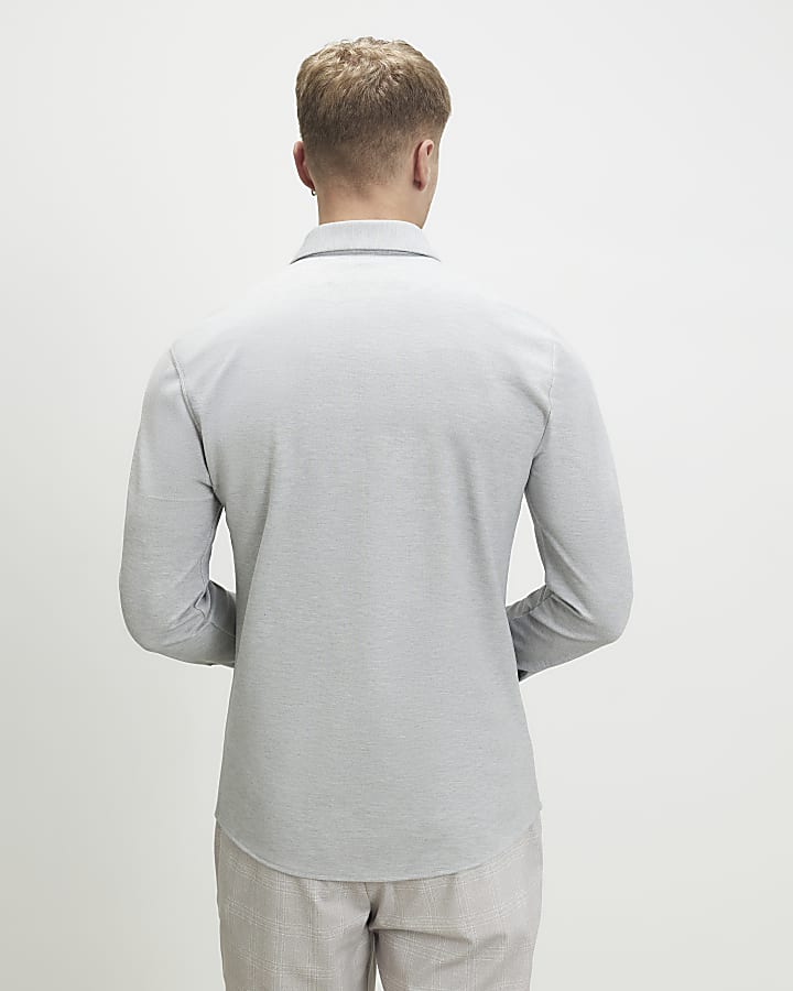 Grey Muscle Fit Pique Long Sleeve Shirt