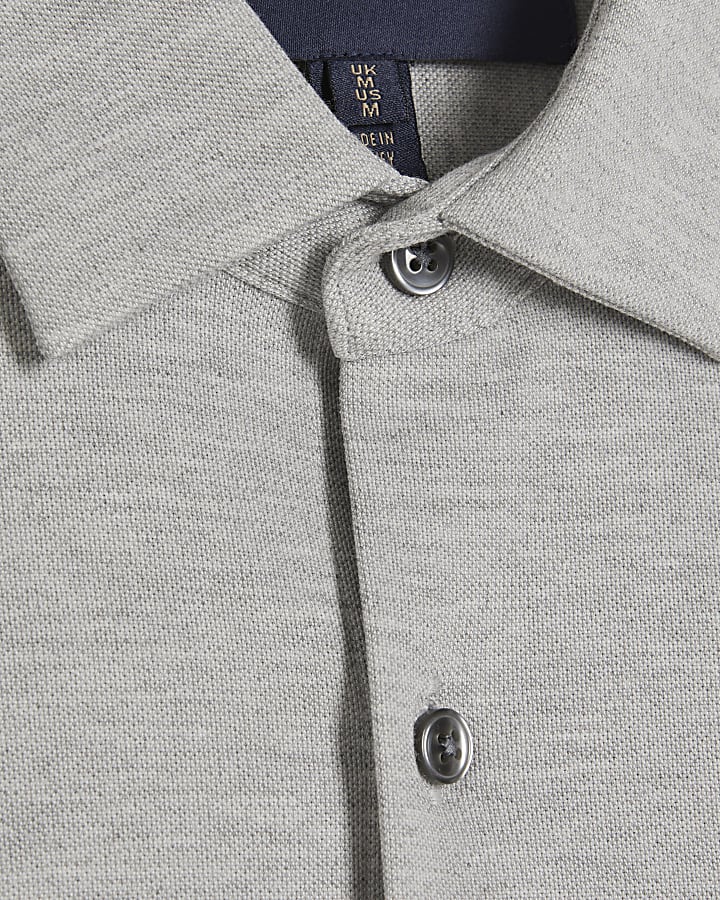 Grey Muscle Fit Pique Long Sleeve Shirt