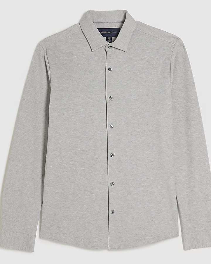 Grey Muscle Fit Pique Long Sleeve Shirt
