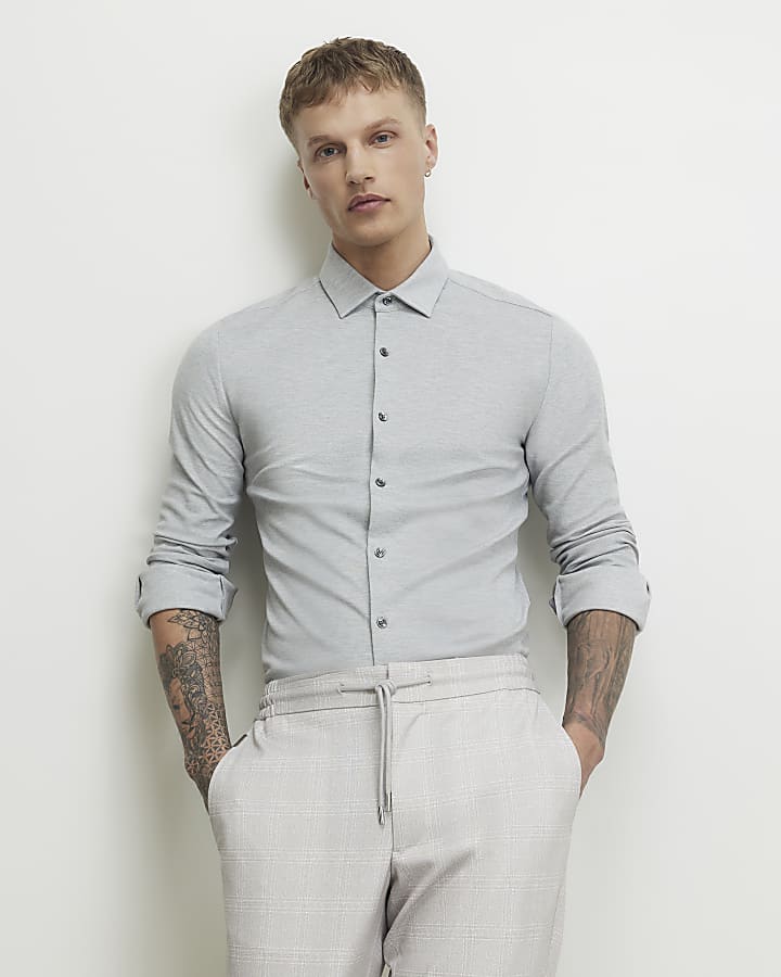 Grey Muscle Fit Pique Long Sleeve Shirt