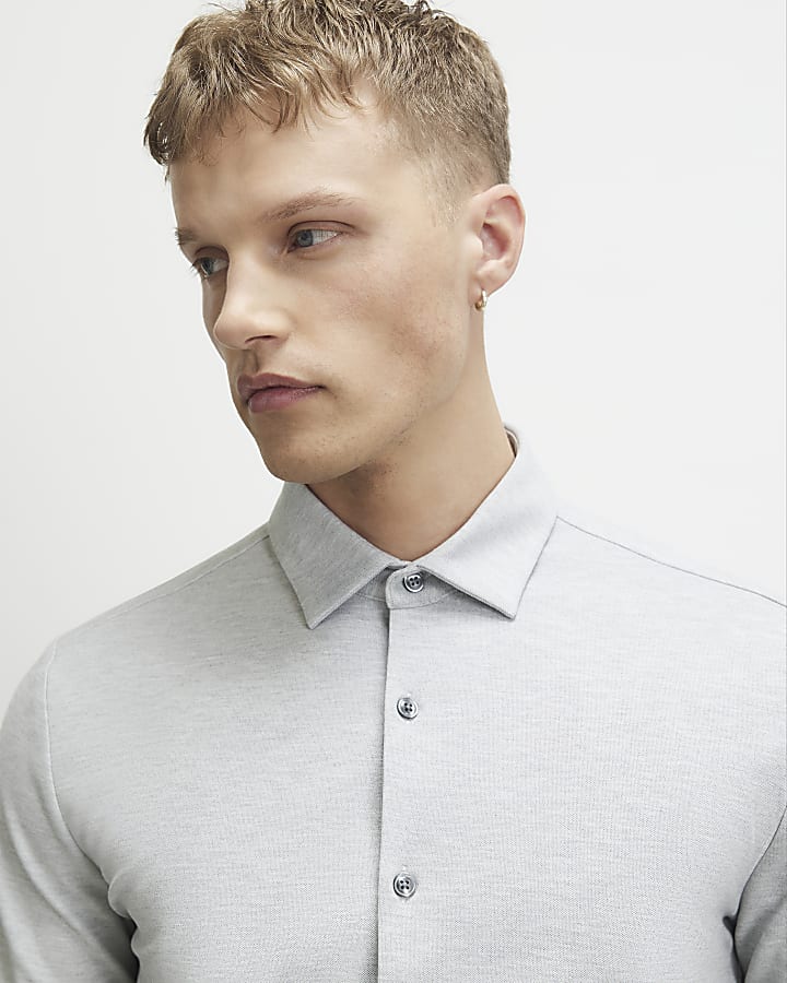 Grey Muscle Fit Pique Long Sleeve Shirt