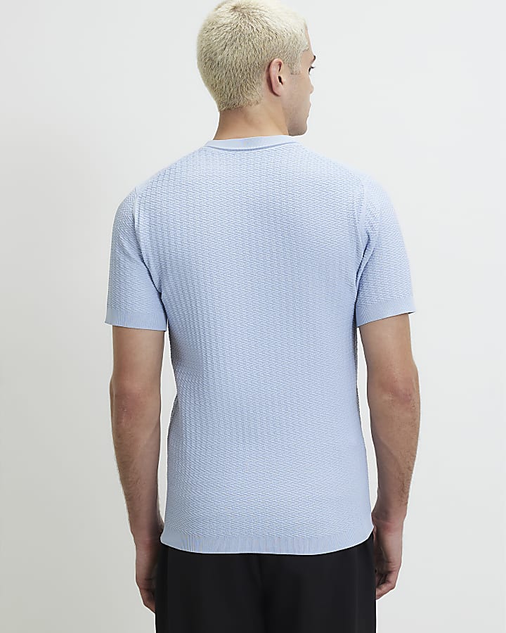 Blue Muscle Fit Zig Zag Textured T-Shirt