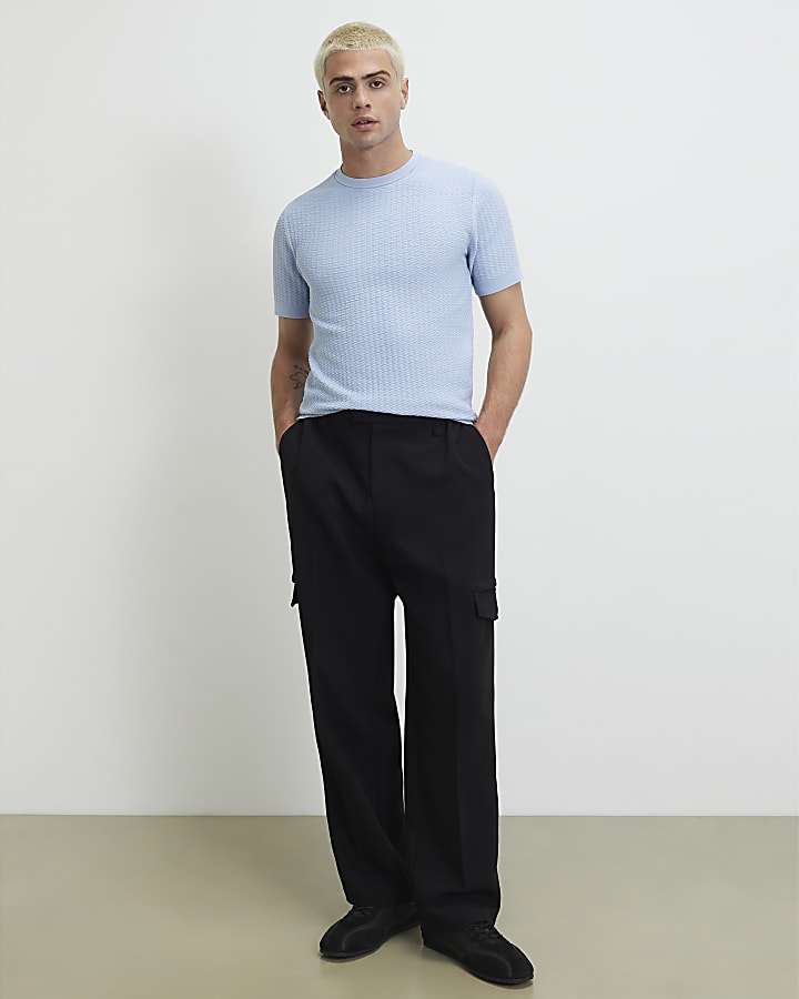 Blue Muscle Fit Zig Zag Textured T-Shirt