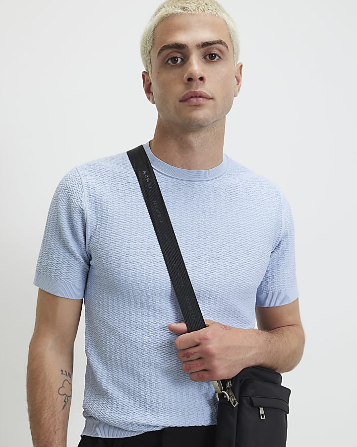 Blue Muscle Fit Zig Zag Textured T-Shirt