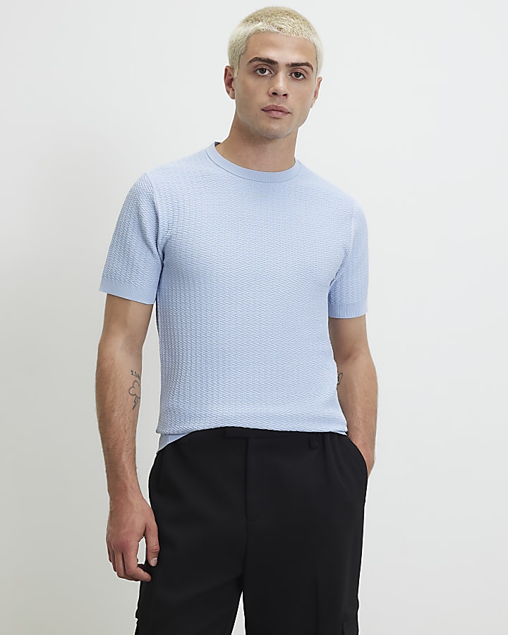 Blue Muscle Fit Zig Zag Textured T-Shirt