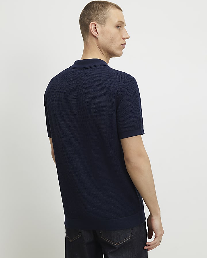 Navy Slim Fit Short Sleeve Waffle Knit Polo
