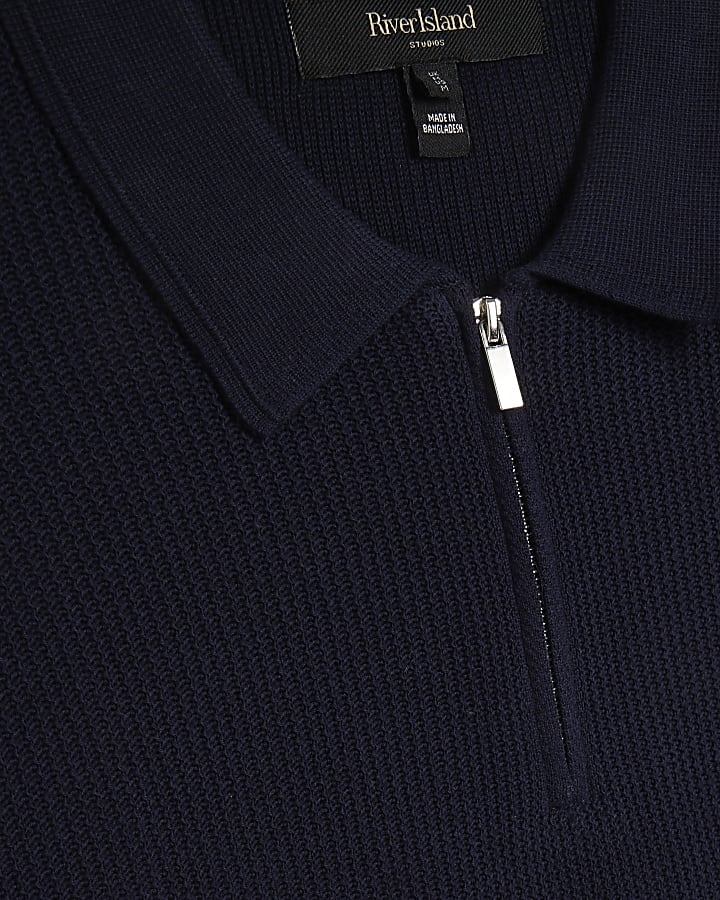 Navy Slim Fit Short Sleeve Waffle Knit Polo