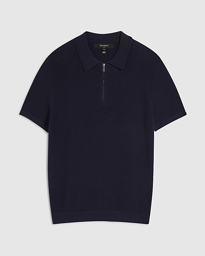 Navy Slim Fit Short Sleeve Waffle Knit Polo