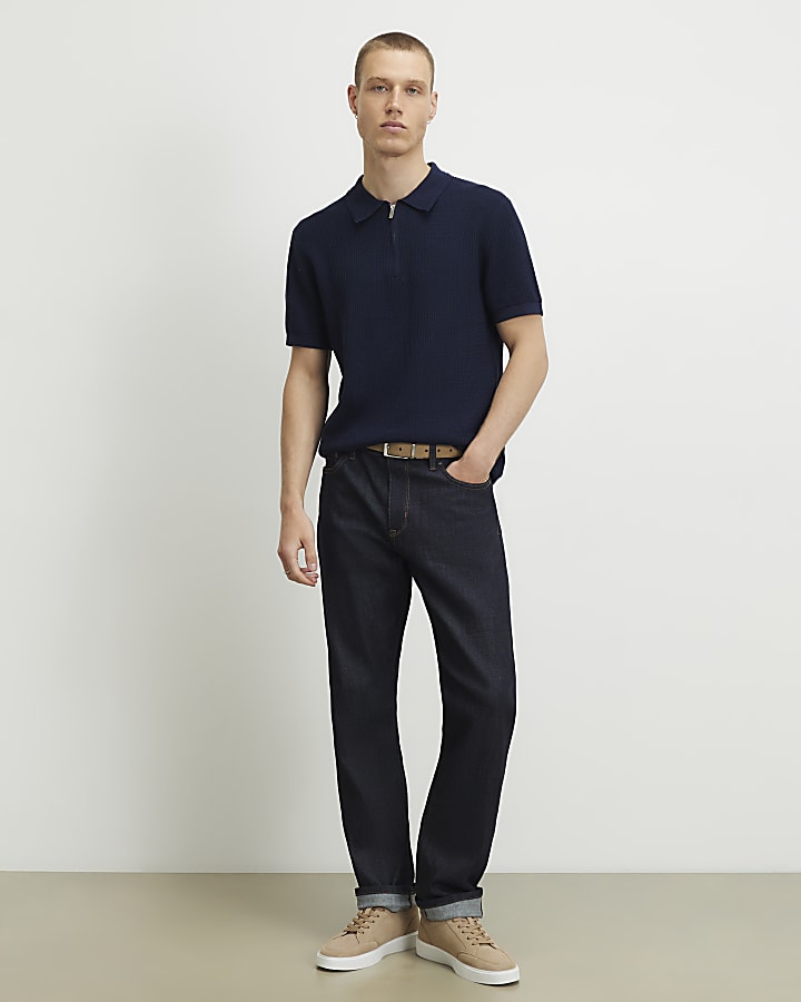 Navy Slim Fit Short Sleeve Waffle Knit Polo