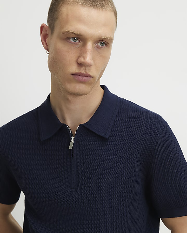Navy Slim Fit Short Sleeve Waffle Knit Polo