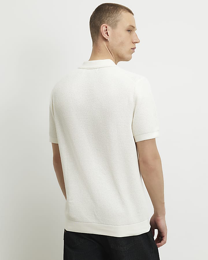 Cream Waffle Knit Short Sleeve Polo Shirt