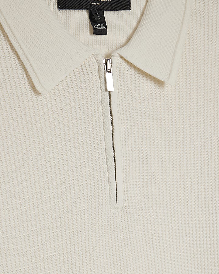 Cream Waffle Knit Short Sleeve Polo Shirt