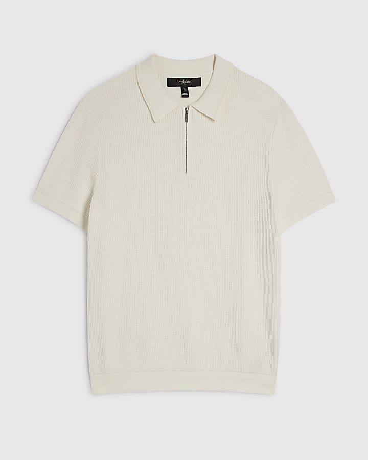 Cream Waffle Knit Short Sleeve Polo Shirt