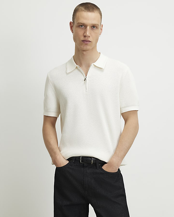 Cream Waffle Knit Short Sleeve Polo Shirt
