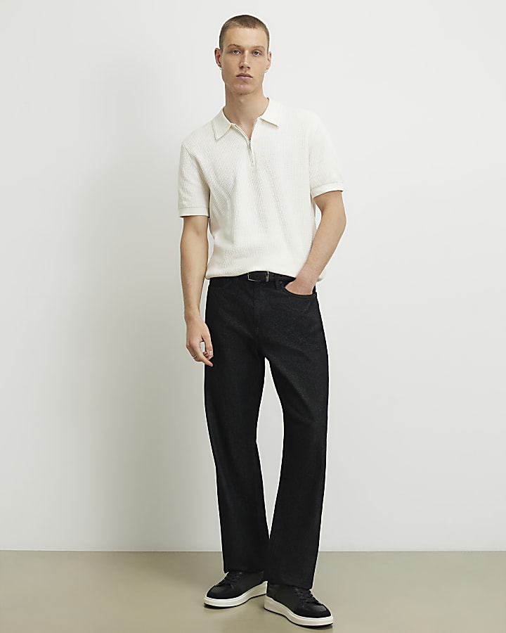 Cream Waffle Knit Short Sleeve Polo Shirt