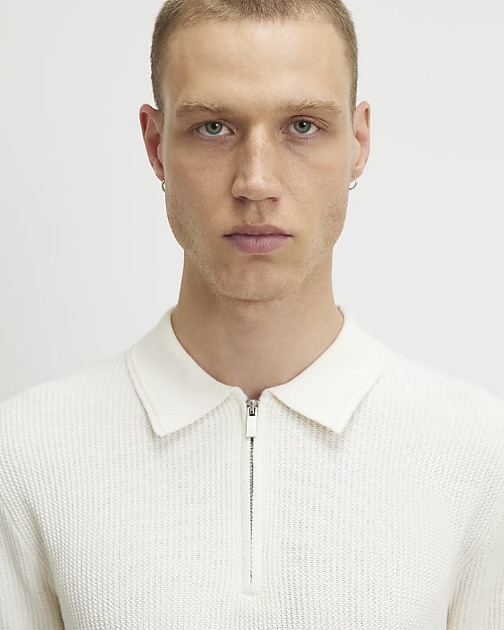 Cream Waffle Knit Short Sleeve Polo Shirt