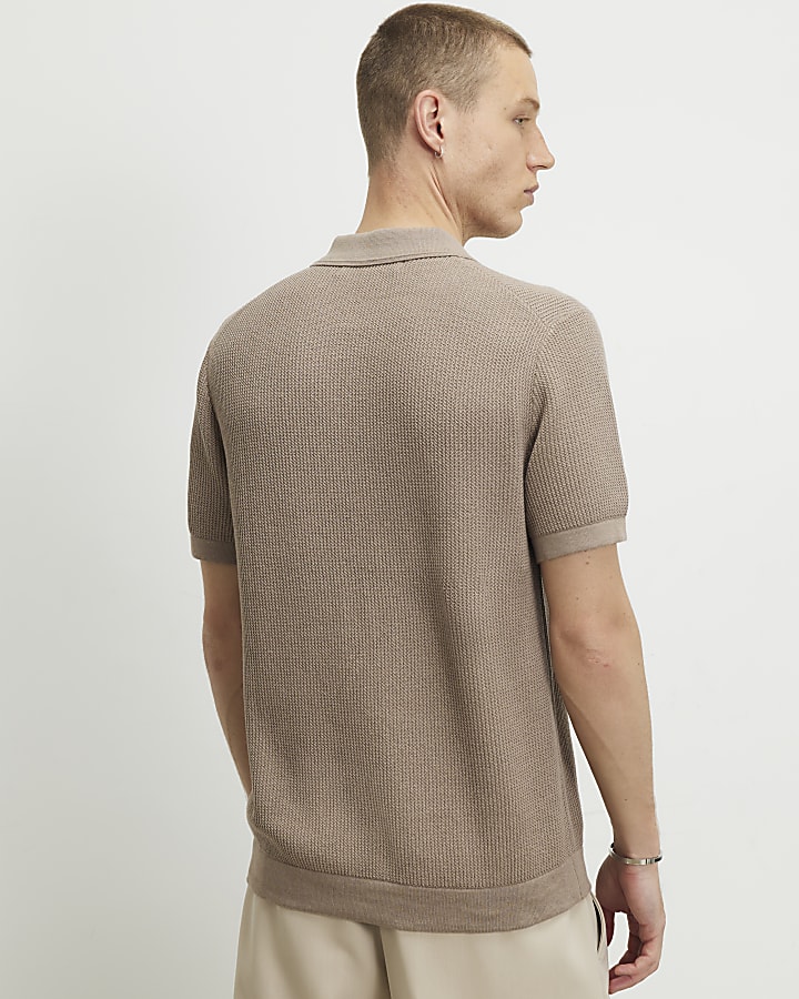 Beige Waffle Knit Short Sleeve Polo Shirt