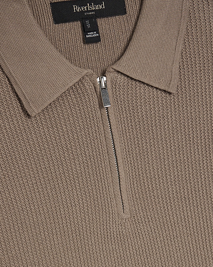 Beige Waffle Knit Short Sleeve Polo Shirt