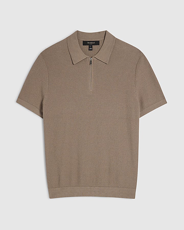 Beige Waffle Knit Short Sleeve Polo Shirt