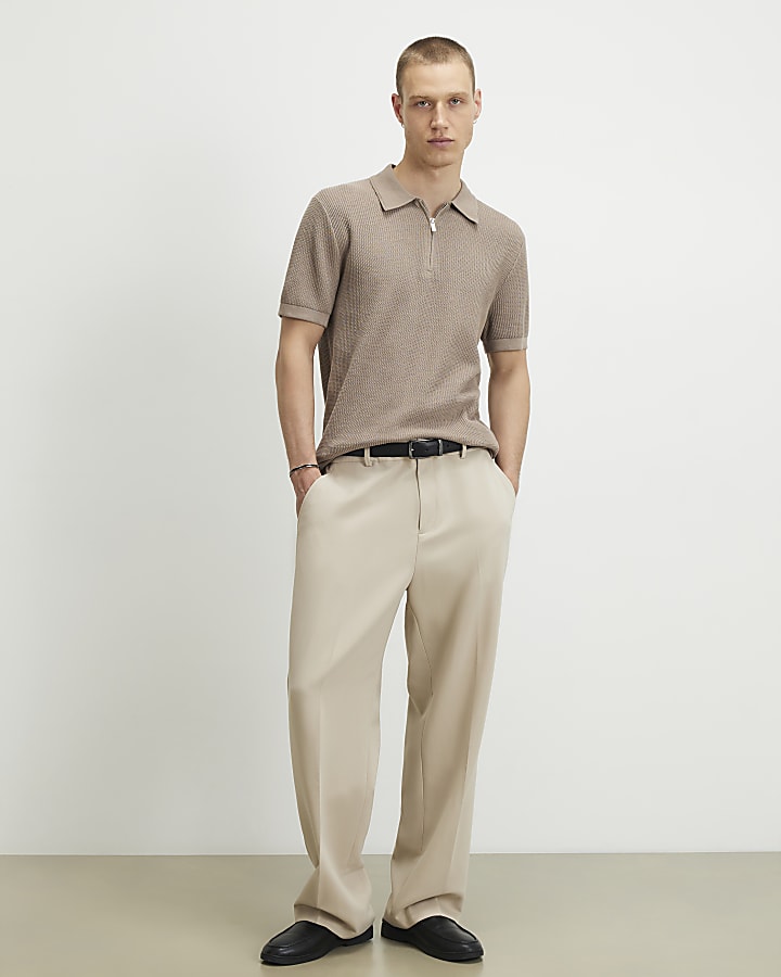 Beige Waffle Knit Short Sleeve Polo Shirt