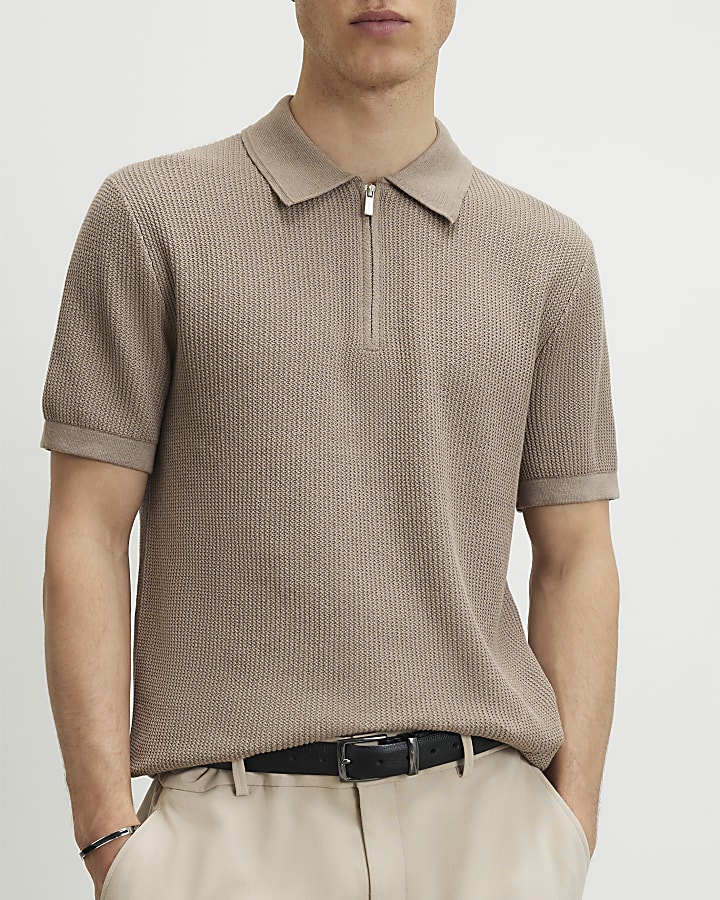 Beige Waffle Knit Short Sleeve Polo Shirt