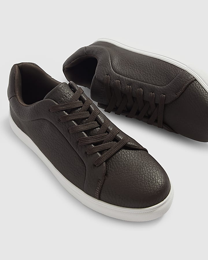 Brown Faux Leather Grain Trainers