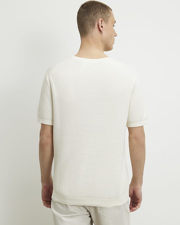 Cream Slim Fit Cotton Waffle Knitted T-Shirt