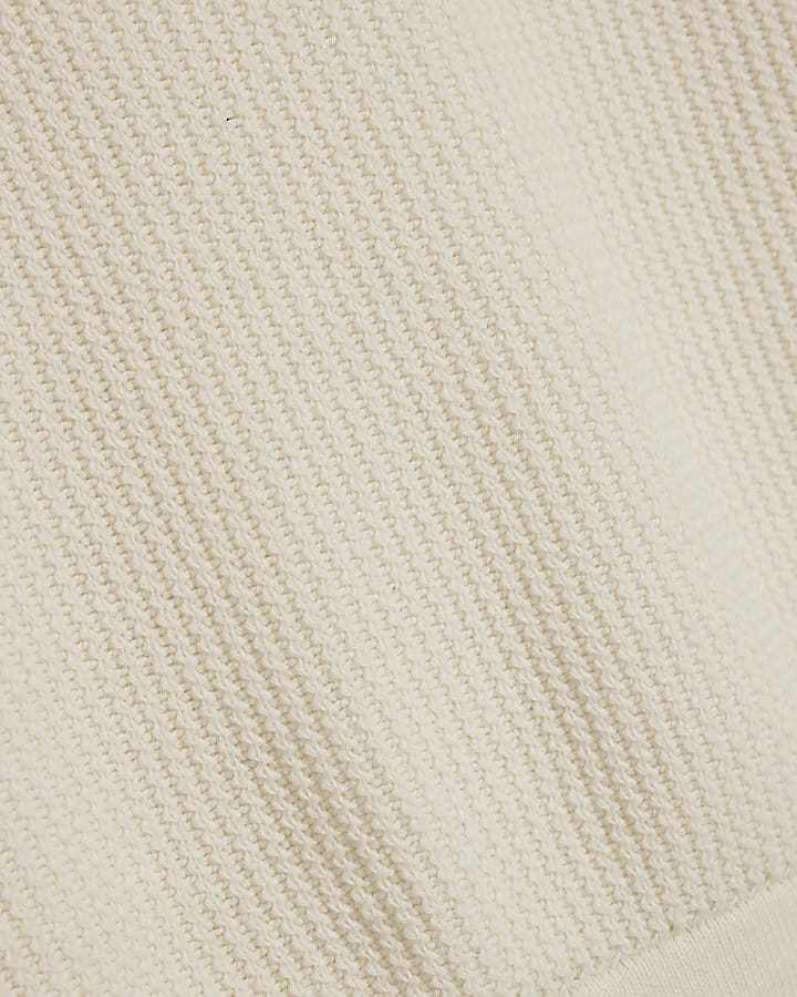 Cream Slim Fit Cotton Waffle Knitted T-Shirt