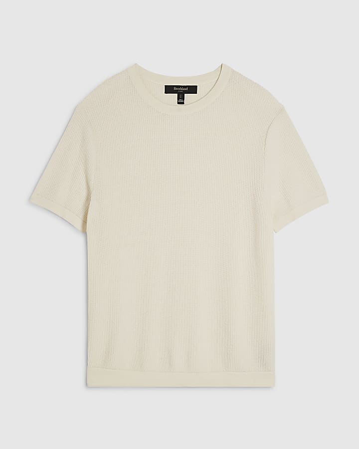 Cream Slim Fit Cotton Waffle Knitted T-Shirt