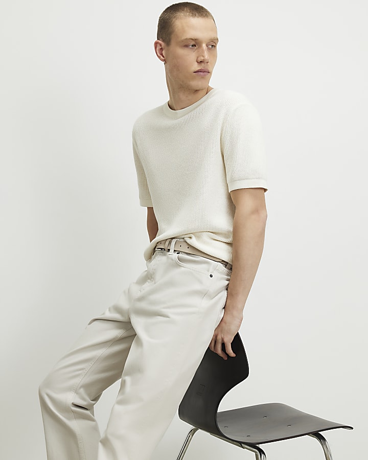 Cream Slim Fit Cotton Waffle Knitted T-Shirt