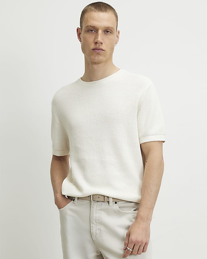 Cream Slim Fit Cotton Waffle Knitted T-Shirt