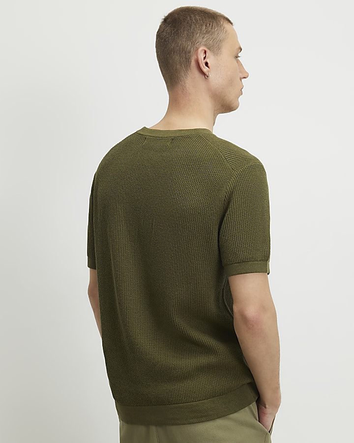 Khaki Slim Fit Cotton Waffle Knitted T-Shirt