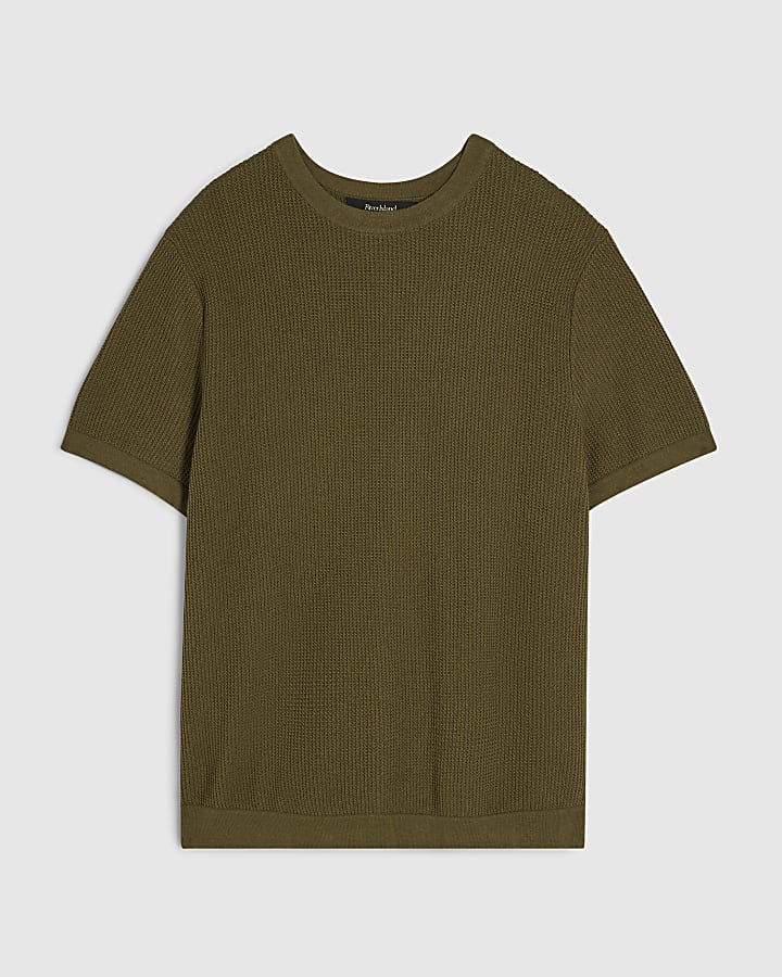 Khaki Slim Fit Cotton Waffle Knitted T-Shirt