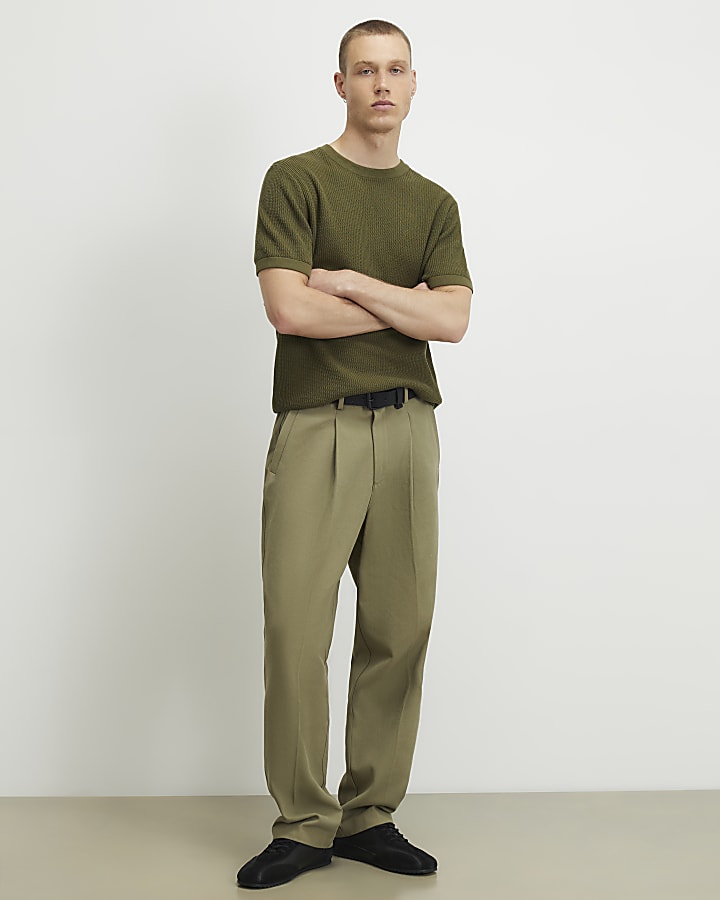 Khaki Slim Fit Cotton Waffle Knitted T-Shirt