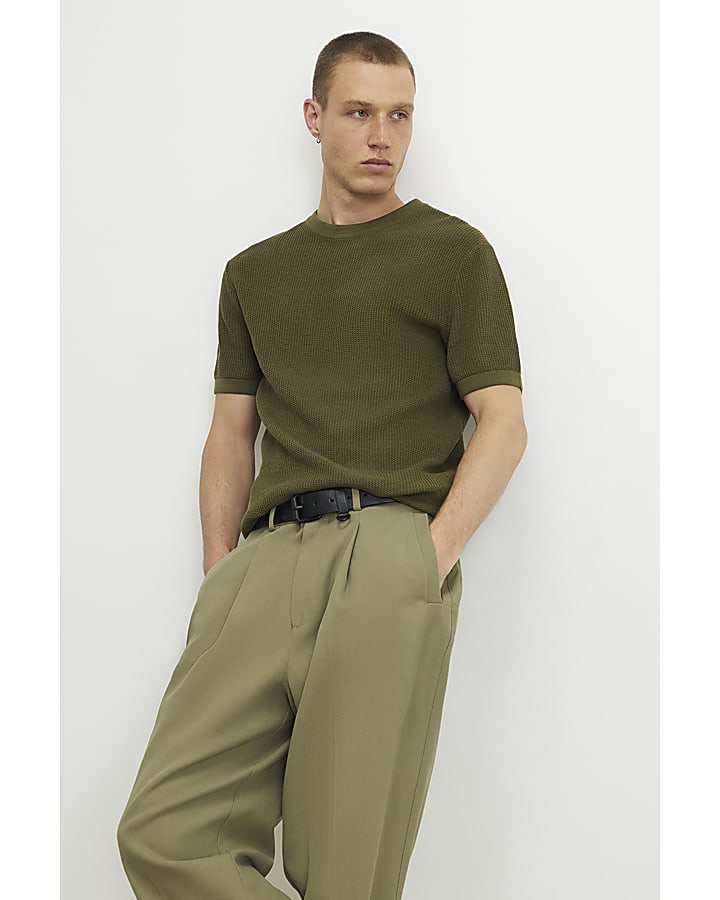 Khaki Slim Fit Cotton Waffle Knitted T-Shirt