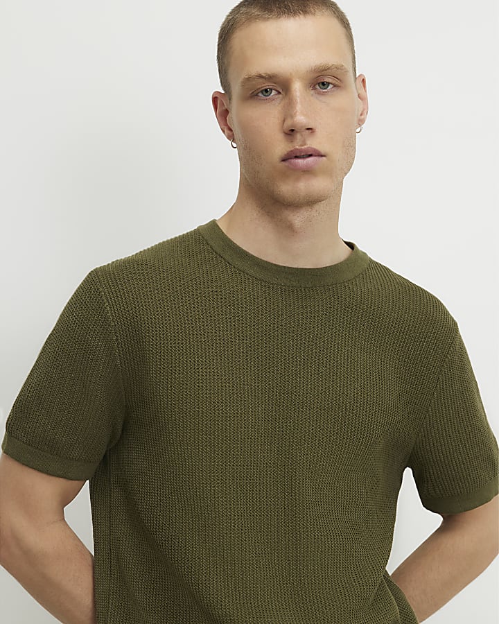 Khaki Slim Fit Cotton Waffle Knitted T-Shirt