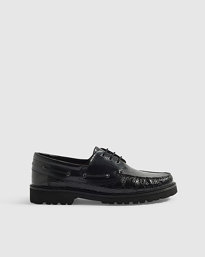 Black Twisted Tailor Leather Boat Shoes