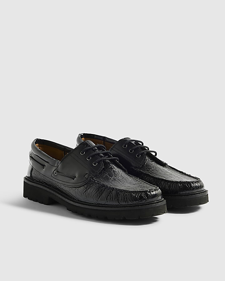 Black Twisted Tailor Leather Boat Shoes