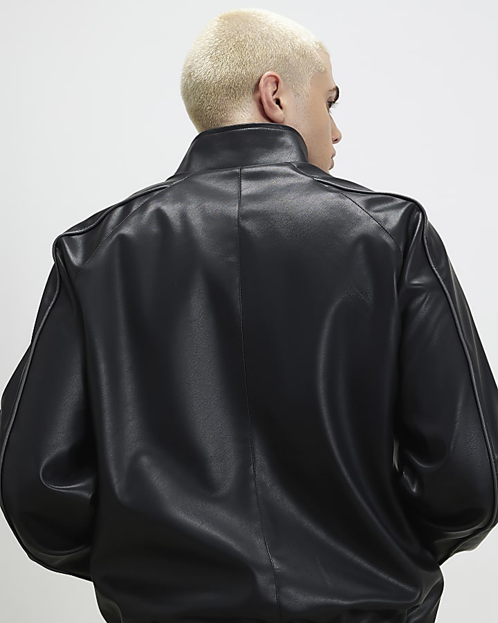 Black Faux Leather Tracksuit Jacket